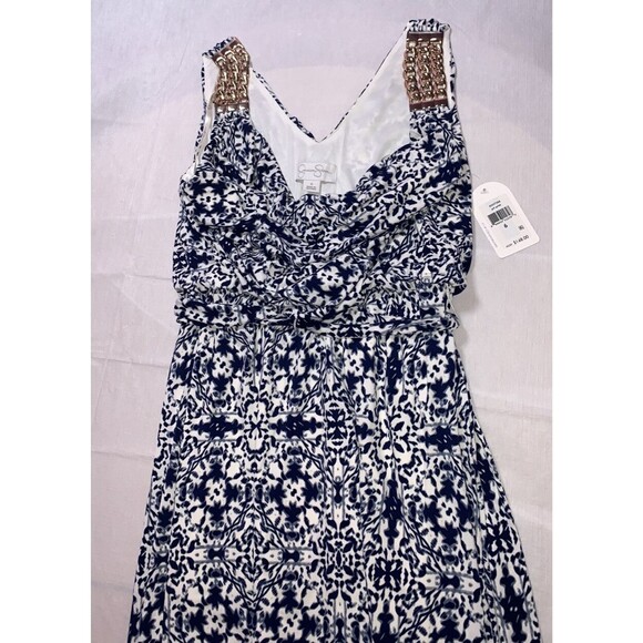 Jessica Simpson Dress maxi Blouson Belt Gown M Gold Chain elastic wedding Greek - Picture 9 of 16